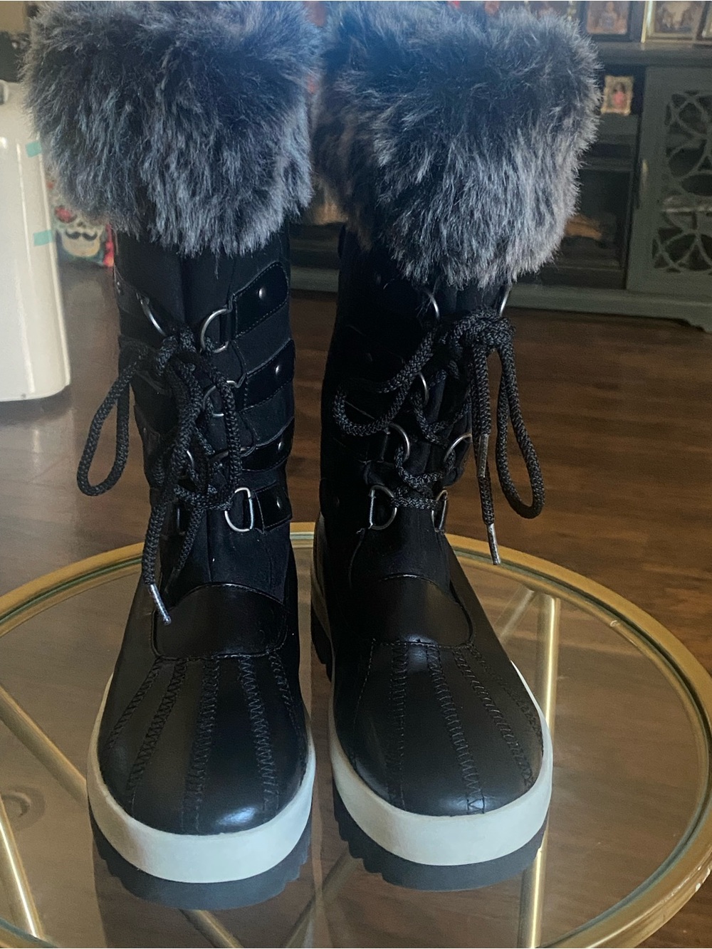 JustFab Black Faux-Fur Cuffed Lace-Up Winter Rain Boots